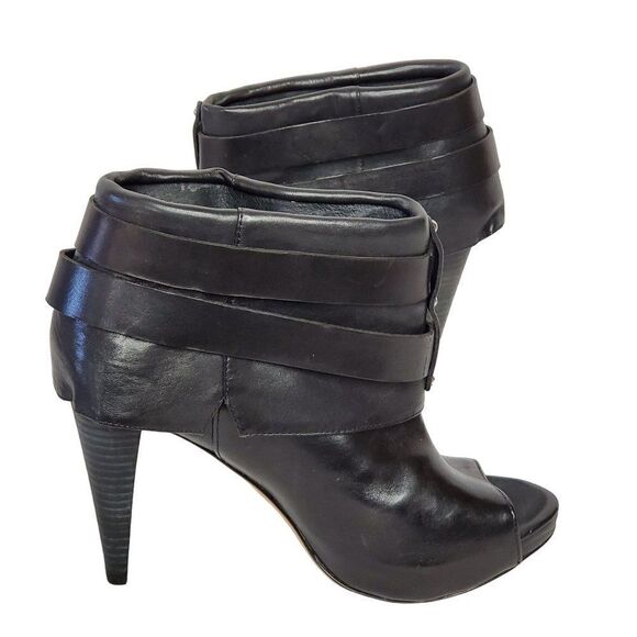 Vince Camuto Leather Heel Ankle Bootie 8 Black Open Toe Silvertone Buckles - Picture 7 of 8